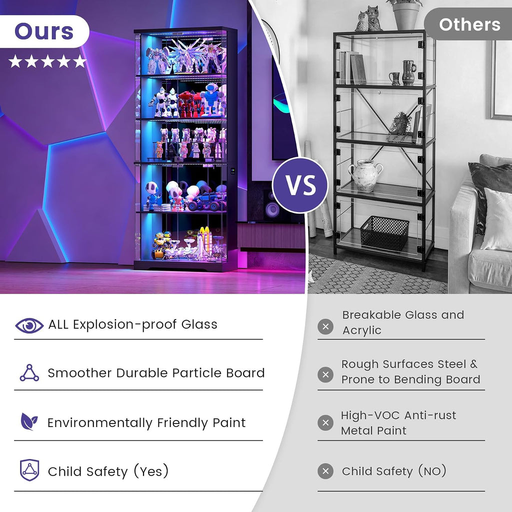Dystler Glass Display Cabinet With Doors And Rgb Led Lights | 69" Tall Curio Cabinet, 5-Tier Wooden Shelves, Lockable Display Case, Motion Sensor, For Collectibles, Living Room, Black