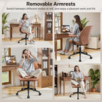 Leather Office Chair With Removable Armrests, Mid Back Ergonomic Desk Chair With Lumbar Support, Adjustable Height Rocking Swivel Executive Chair For Home Office, Brown