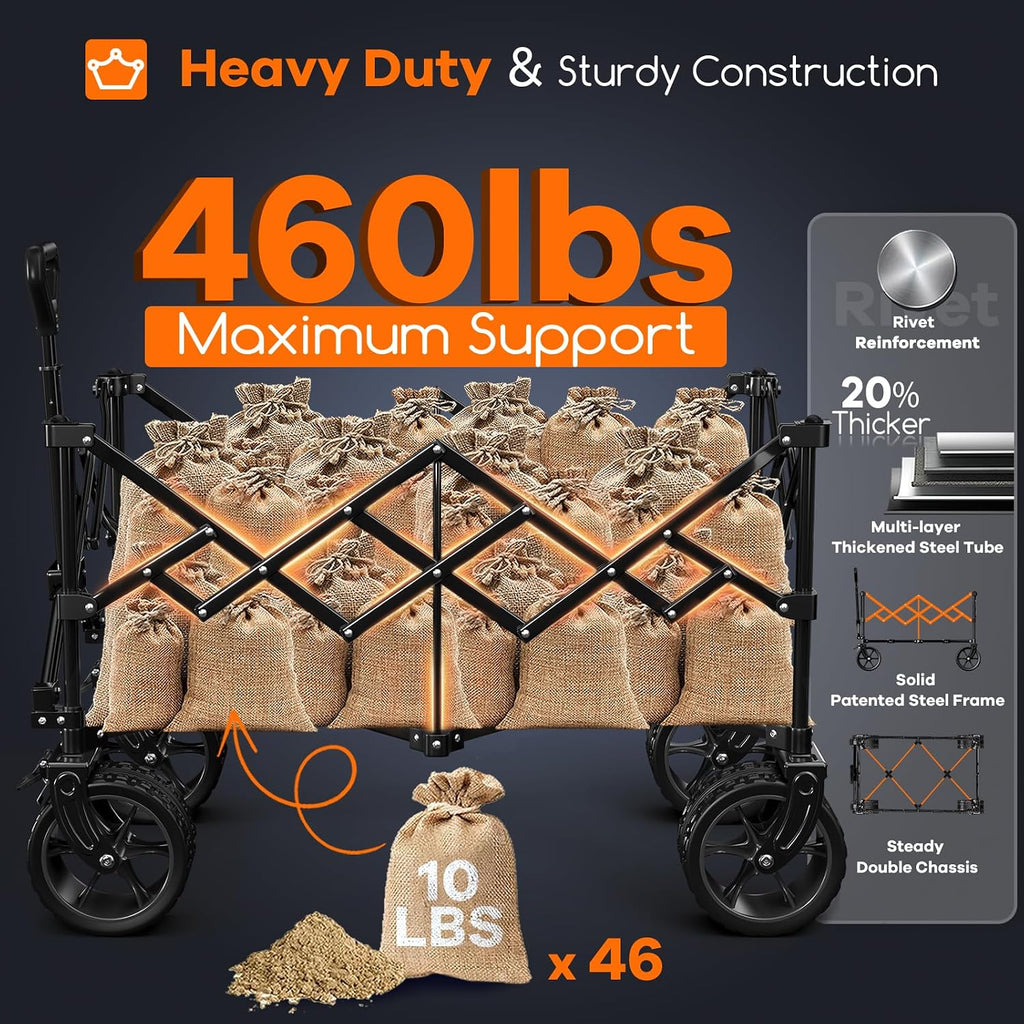 Originsure 220L Collapsible Wagon Cart Foldable, 460Lbs Load Capacity Heavy Duty Folding Beach Wagons With Big All-Terrain Wheels, Utility Carts For Groceries, Shopping, Camping, Sports - Black