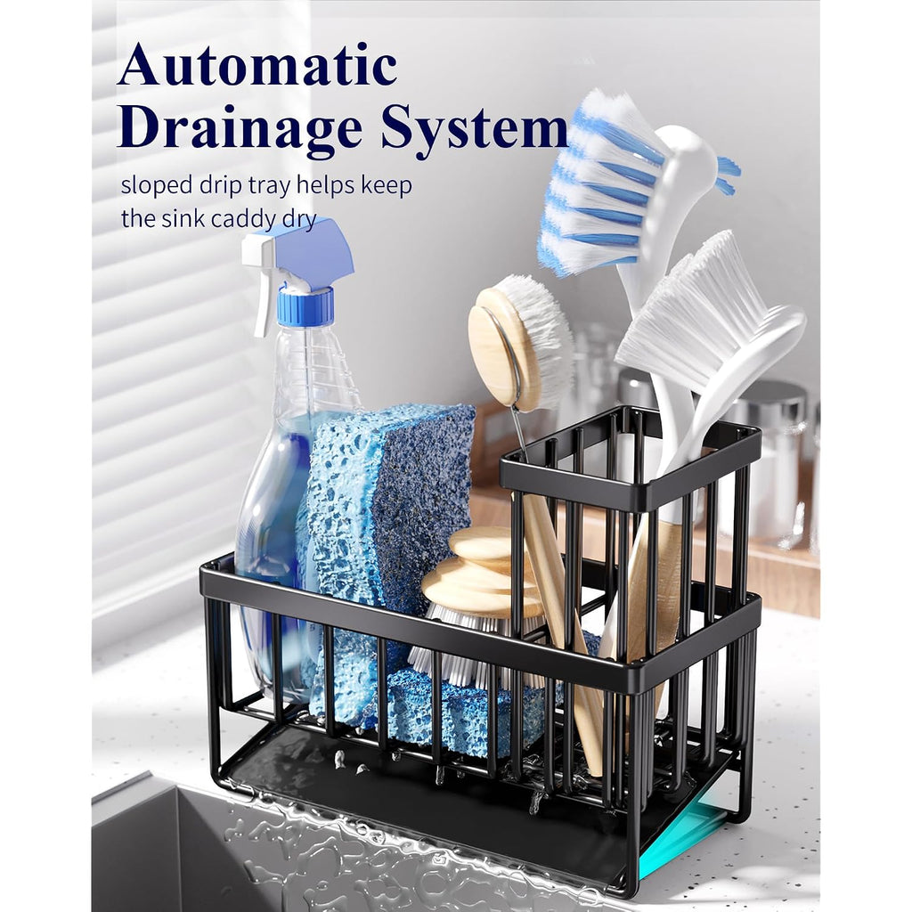 Kitsure Sponge Holder For Kitchen Sink - Rustproof Stainless Steel Sink Caddy Organization And Storage Essentials With High Brush Holder, Home Decor Accessories, 7.9" X 3.7" X 6.2", Black