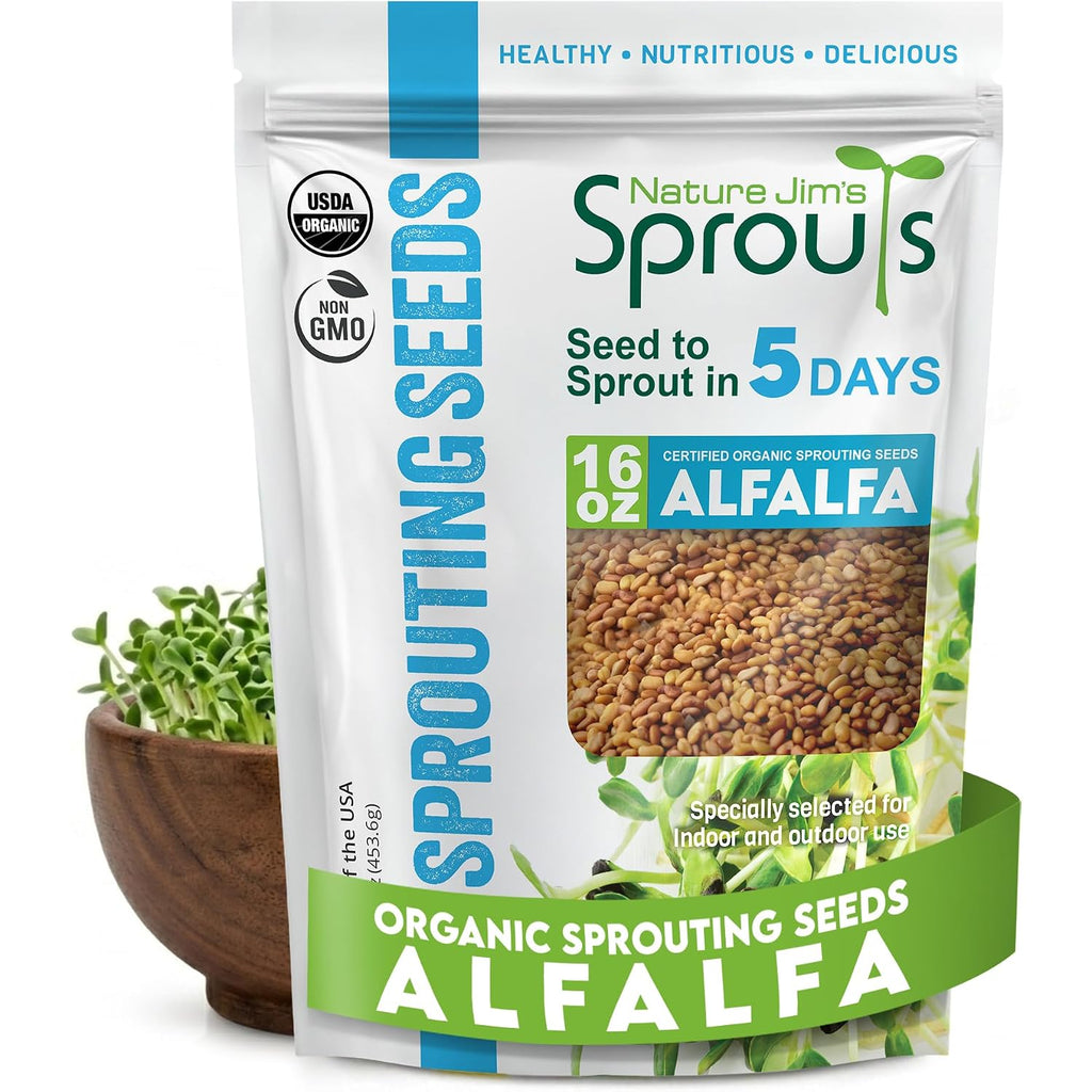 Nature Jim'S Sprouts - Organic Alfalfa Sprouting Seeds – Non-Gmo - 16 Oz | Premium Microgreen Seeds - Fast-Growing Plants - Ideal Sprouting Seeds For Fresh & Nutritious Indoor/Outdoor Home Gardening