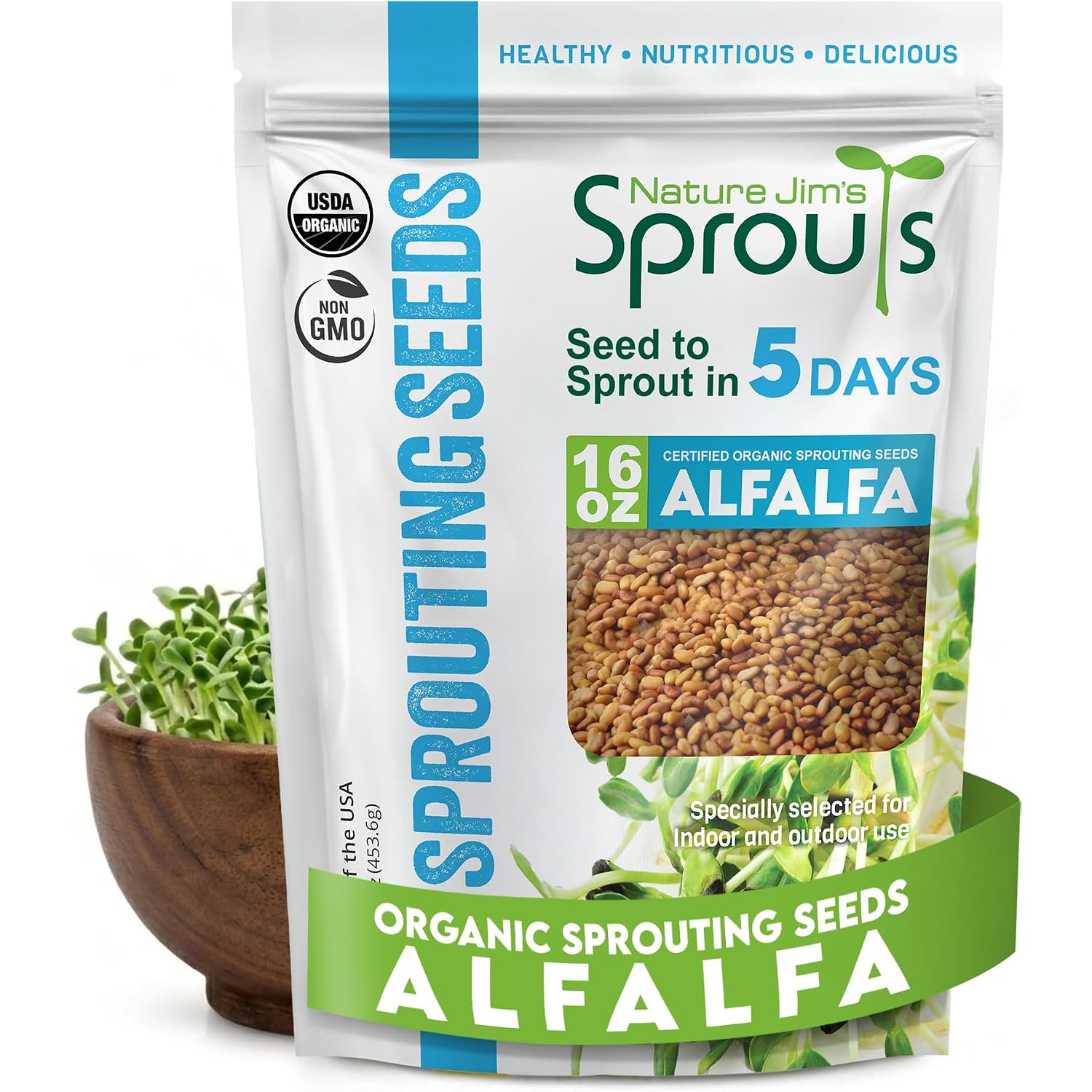 Nature Jim'S Sprouts - Organic Alfalfa Sprouting Seeds – Non-Gmo - 16 Oz | Premium Microgreen Seeds - Fast-Growing Plants - Ideal Sprouting Seeds For Fresh & Nutritious Indoor/Outdoor Home Gardening