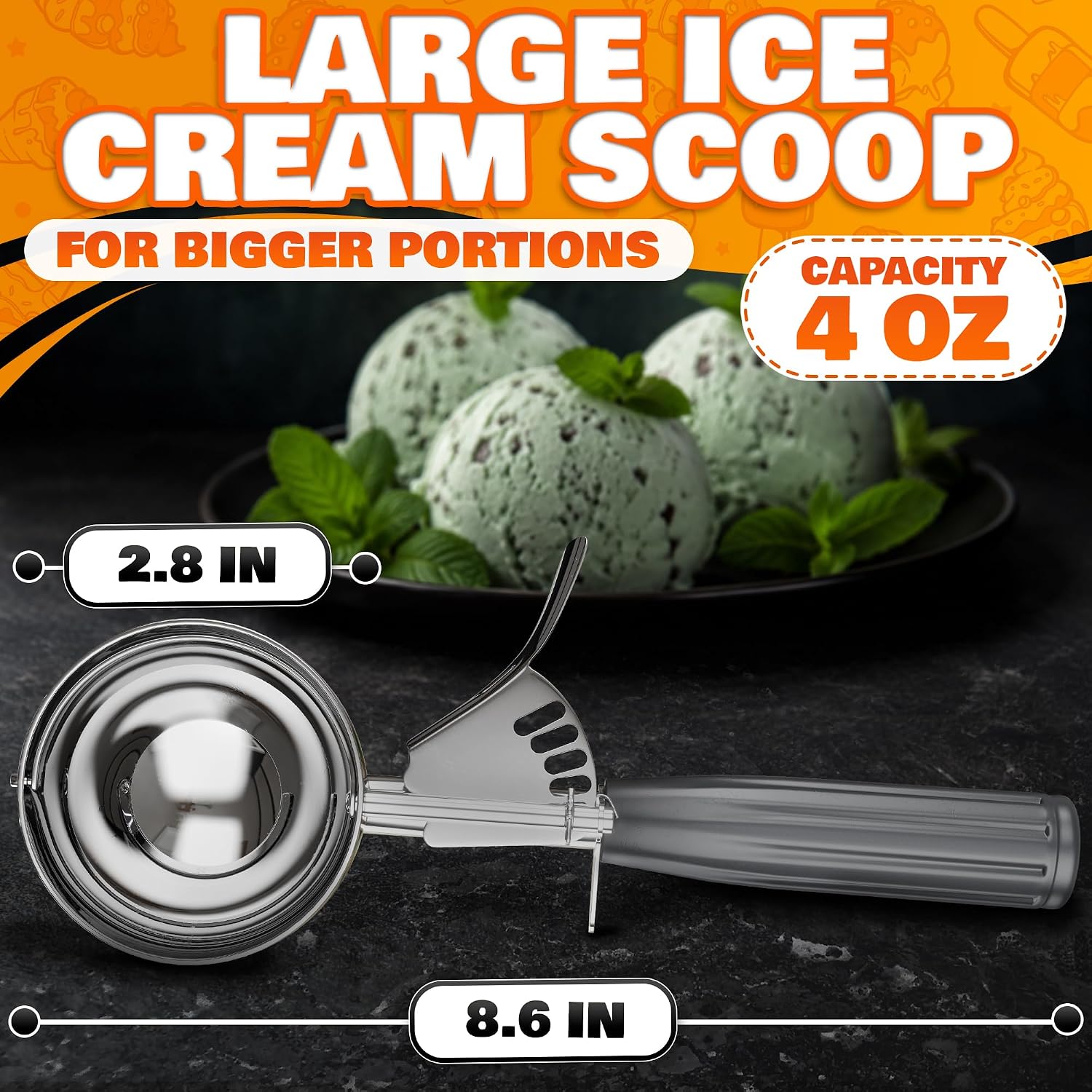 4 Oz Large Ice Cream Scoop With Trigger Release #8 - Stainless Steel Cookie Scoop For Baking, Ice Cream & Cookie Dough, Comfort Grip Handle, Easy Release, Dishwasher Safe, Gifts For Dessert Lovers