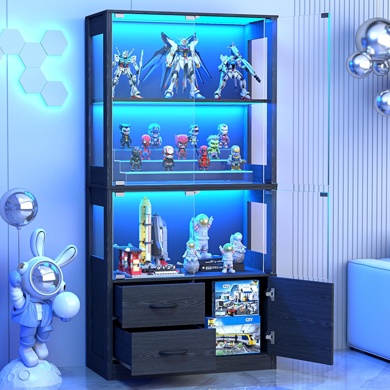 Display Cabinet With Glass Doors And 2 Drawers, 3-Color Lights, Black Oak | 63" Tall Curio Cabinet, 4-Tier Display Case, Human Body Sensor, 3 Shelves & Storage Cabinet, For Collectibles, Living Room