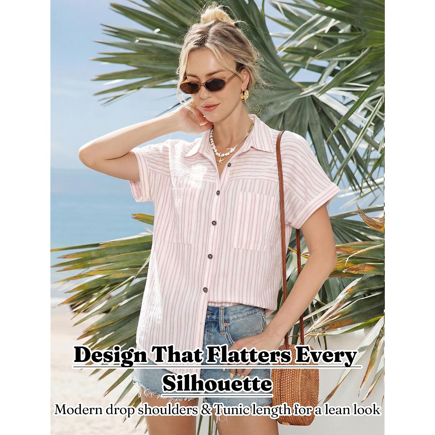 Button Down Shirt For Women Short Sleeve Blouses Dressy Casual Business Work Summer Vacation Tops Hawaii Shirts With Pockets