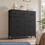 Dumos 9 Drawer Dresser For Bedroom, Fabric Storage Organizer With Sturdy Metal Frame, Wooden Top Chest Of Drawers For Closet Entryway Guest Room,Matte Black