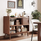 44" Sideboard Buffet Cabinet With Outlet & 2 Open Storage Spaces, Fluted Sideboard Cabinet With Sliding Door & Adjustable Shelves, Mid-Century Accent Coffee Bar Console Table With Wooden Feet