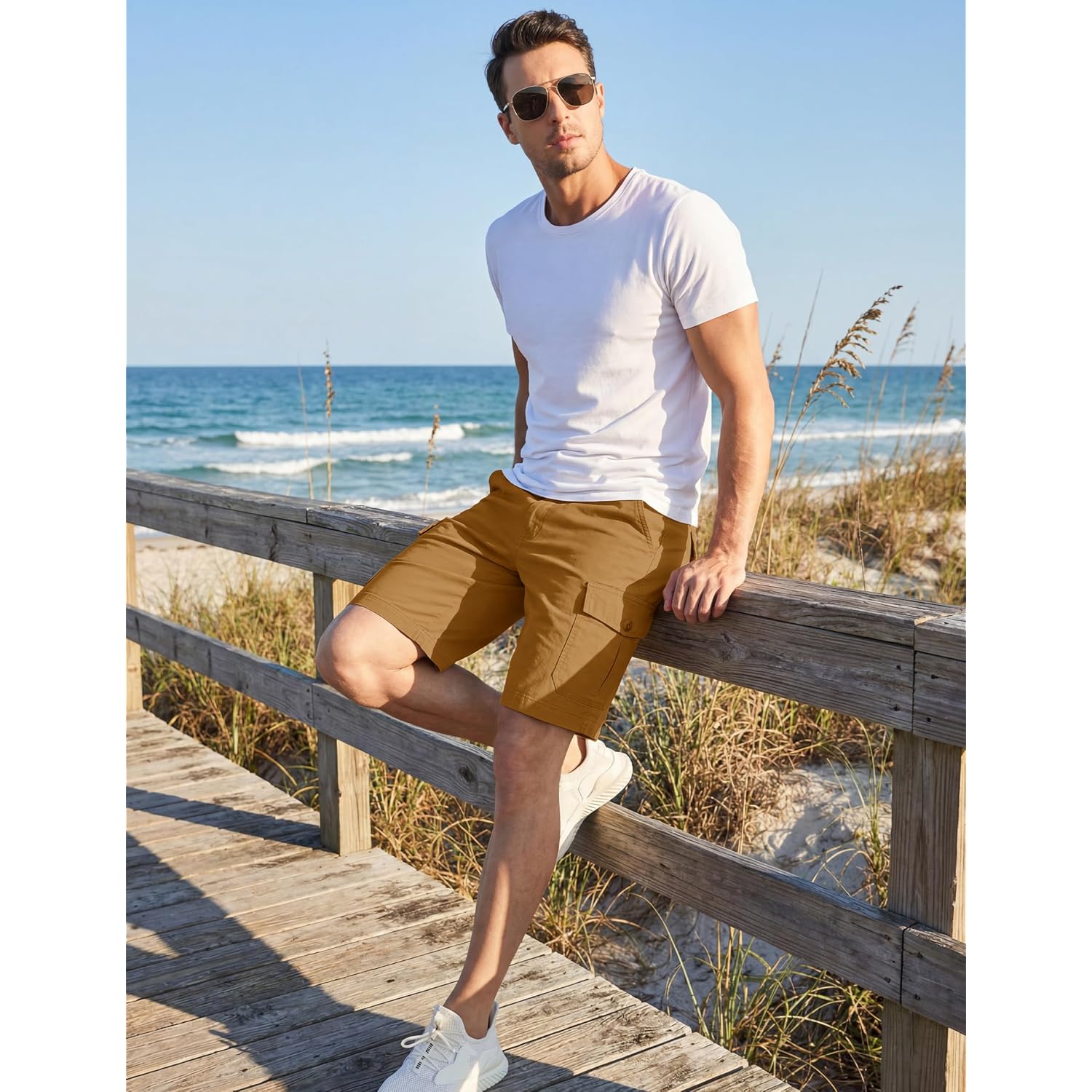 Tacvasen Men'S Casual Cargo Shorts 9 Inch Cotton Elastic Waist Work Shorts | 6 Pockets,Cotton Twill Fabric,Cargo Style,Comfort Stretch Waist,Breathable,Comfortable,Lightweight,Casual Wear,Work,Hiking