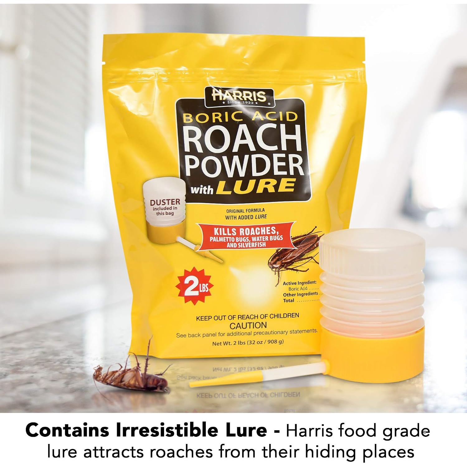 Harris Boric Acid Roach And Silverfish Killer Powder W/Lure, Powder Duster Included In The Bag (32Oz)