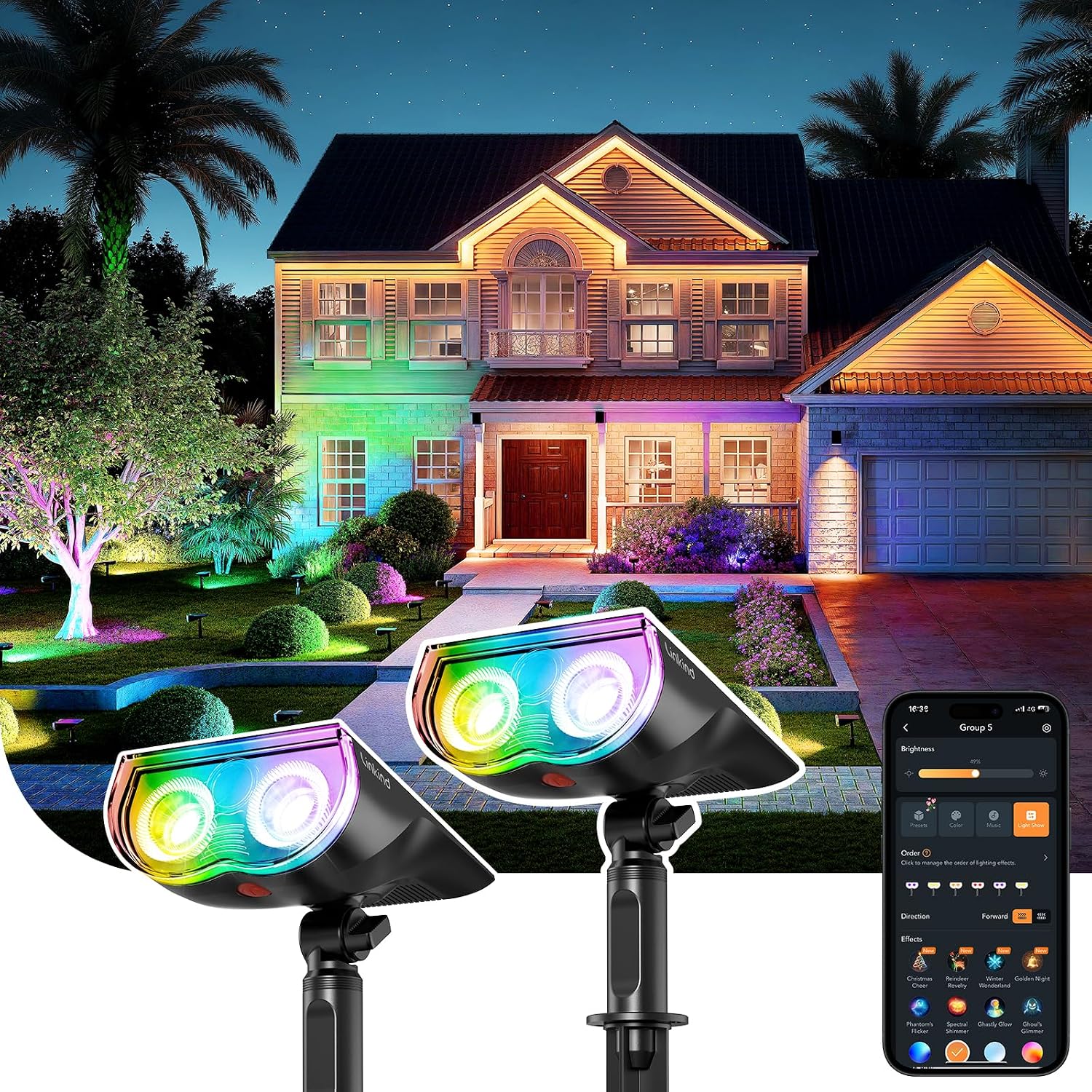 Linkind Smart Solar Spot Lights Outdoor Sl5C, Solar Lights Outdoor Spotlight Cool/Warm White/Color Changing, App/Voice Control Ip67 Landscape Lighting For Yard, Garden, Pathway(2 Pack)