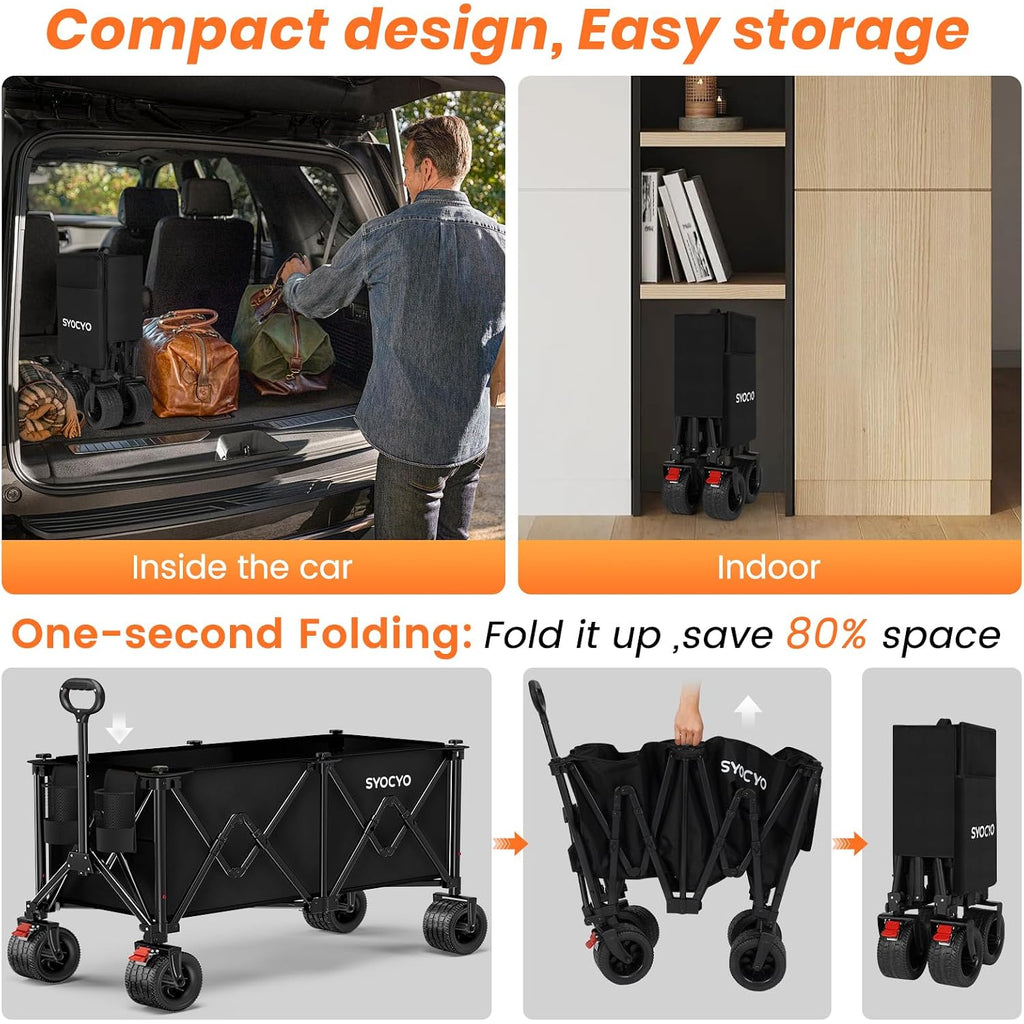 Beach Wagon Carts Foldable 570Lbs Collapsible Wagon With Big All-Terrain Wheels For Sand 330L Heavy Duty Utility Carts With Cup Holders For Garden, Camping, Grocery, Black