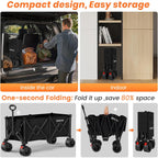 Beach Wagon Carts Foldable 570Lbs Collapsible Wagon With Big All-Terrain Wheels For Sand 330L Heavy Duty Utility Carts With Cup Holders For Garden, Camping, Grocery, Black