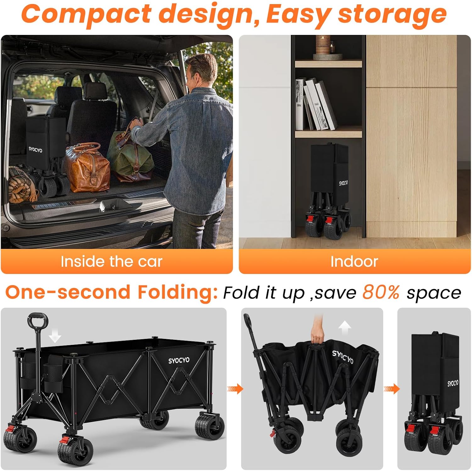 Beach Wagon Carts Foldable 570Lbs Collapsible Wagon With Big All-Terrain Wheels For Sand 330L Heavy Duty Utility Carts With Cup Holders For Garden, Camping, Grocery, Black
