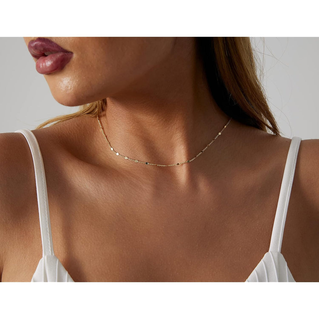 BERISO 14K Gold/Silver Plated Choker Necklace for Women Shining Dots Station Gold Chain Necklace Beads Sparkle Chain Necklace Link Chain Exquisite Jewelry for women