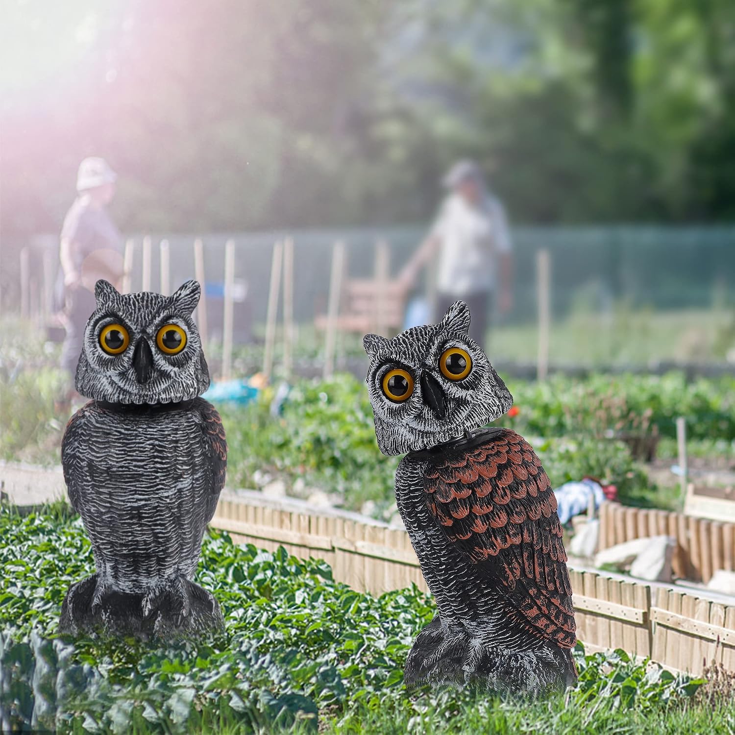 Hausse 2 Pack Fake Owl Decoys To Scare Birds Away, Rotating Head Plastic Owl Bird Deterrents, 10.6 Inch Height Bird Scarecrow Nature Enemy Horned Pest Repellent For Outdoor Garden Yard