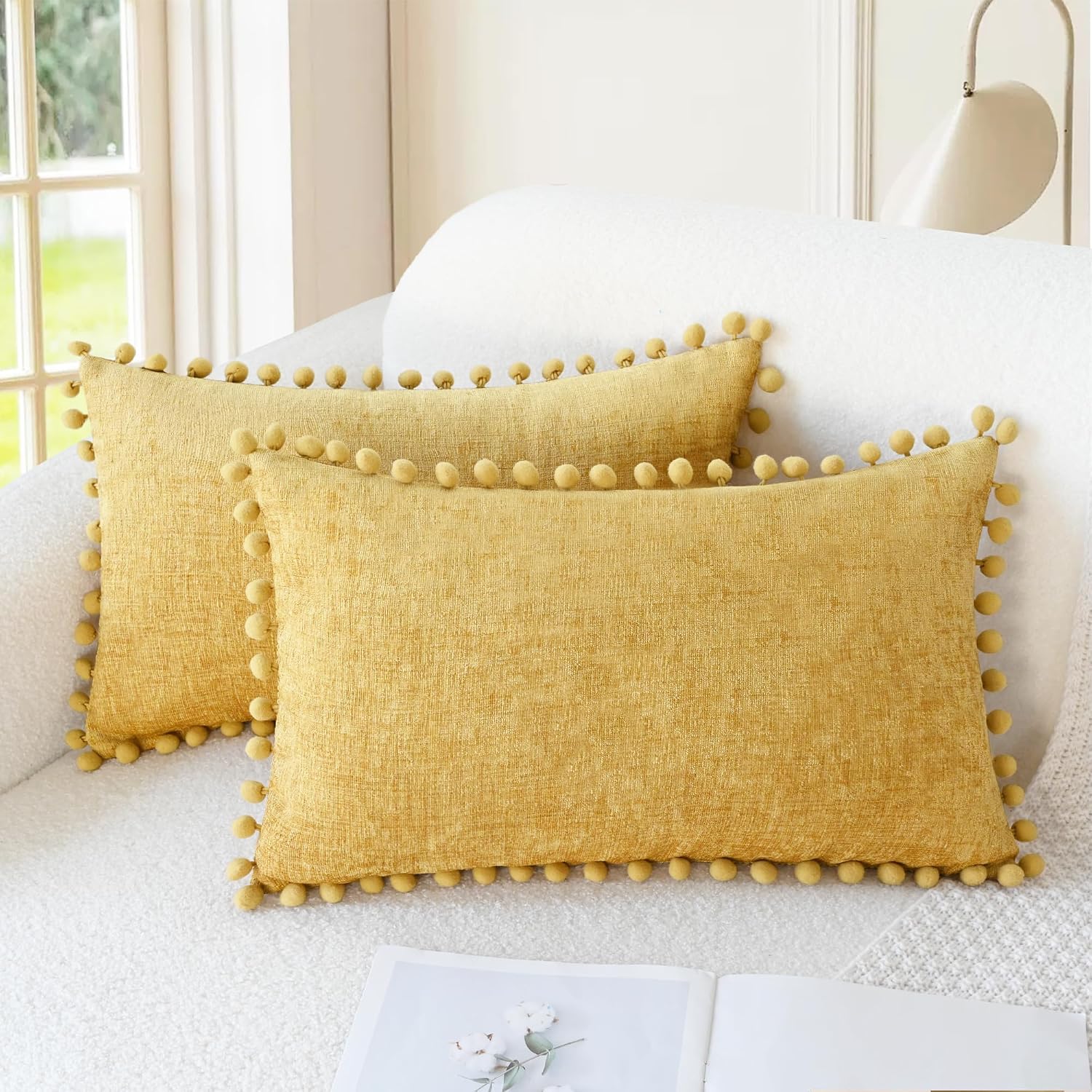 Calitime Throw Pillow Covers Decorative 20 X 12 Inches Pack Of 2 Cozy Solid Dyed Soft Chenille Cushion Cases With Pom Poms For Couch Sofa Bed Living Room Home Gold
