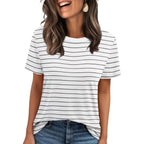 Jescakoo Womens Tops Summer Short Sleeve Ribbed Trim Crewneck T Shirts Spring Vacation Outfits Fashion Clothing Basic Tee A02-white Striped