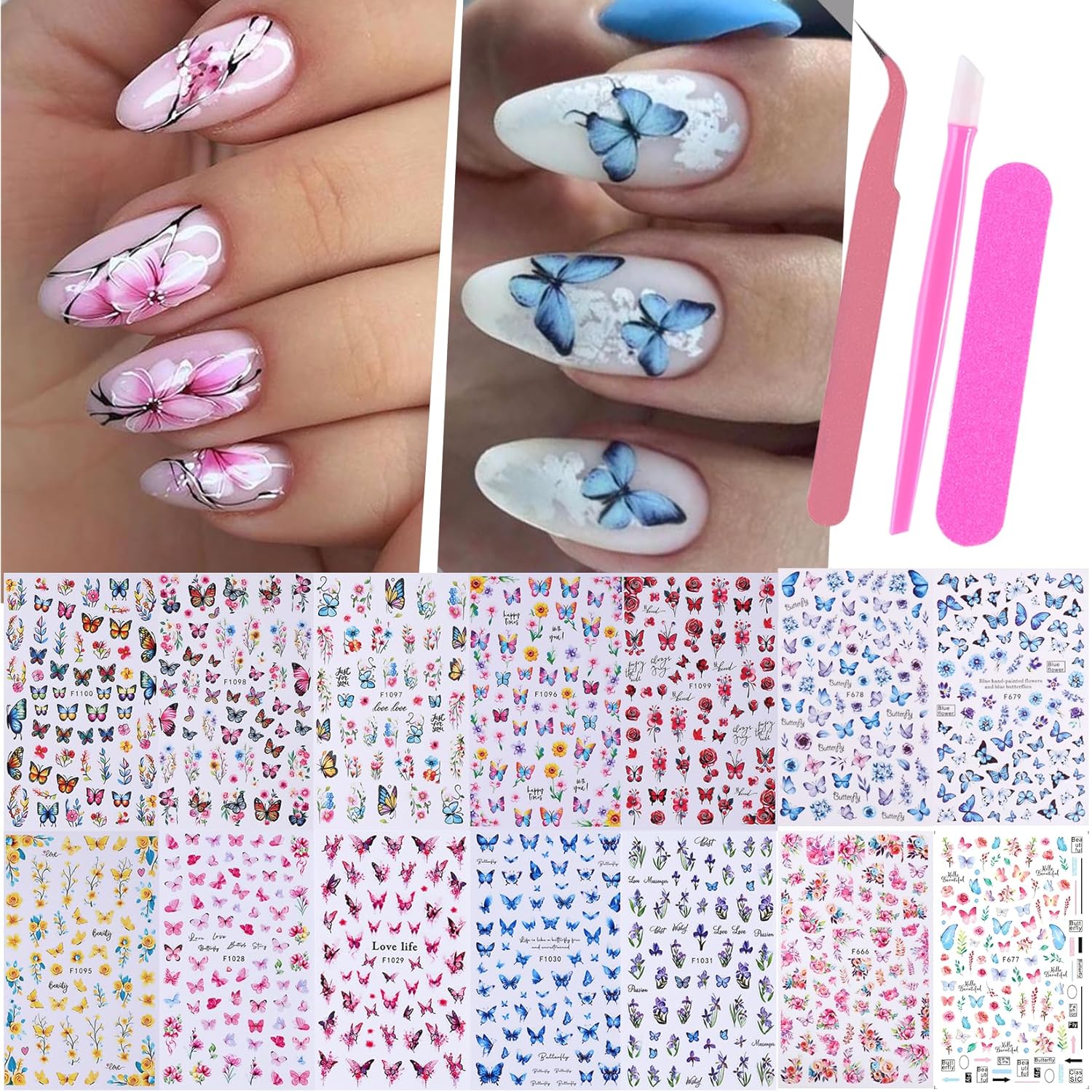Butterfly Nail Art Sticker Decals 14 PCS Spring Flower Nail Decals with Tweezers 3D Self Adhesive Stickers Colorful Butterflies Designs Nail Art Decoration Manicure Supplies for Women