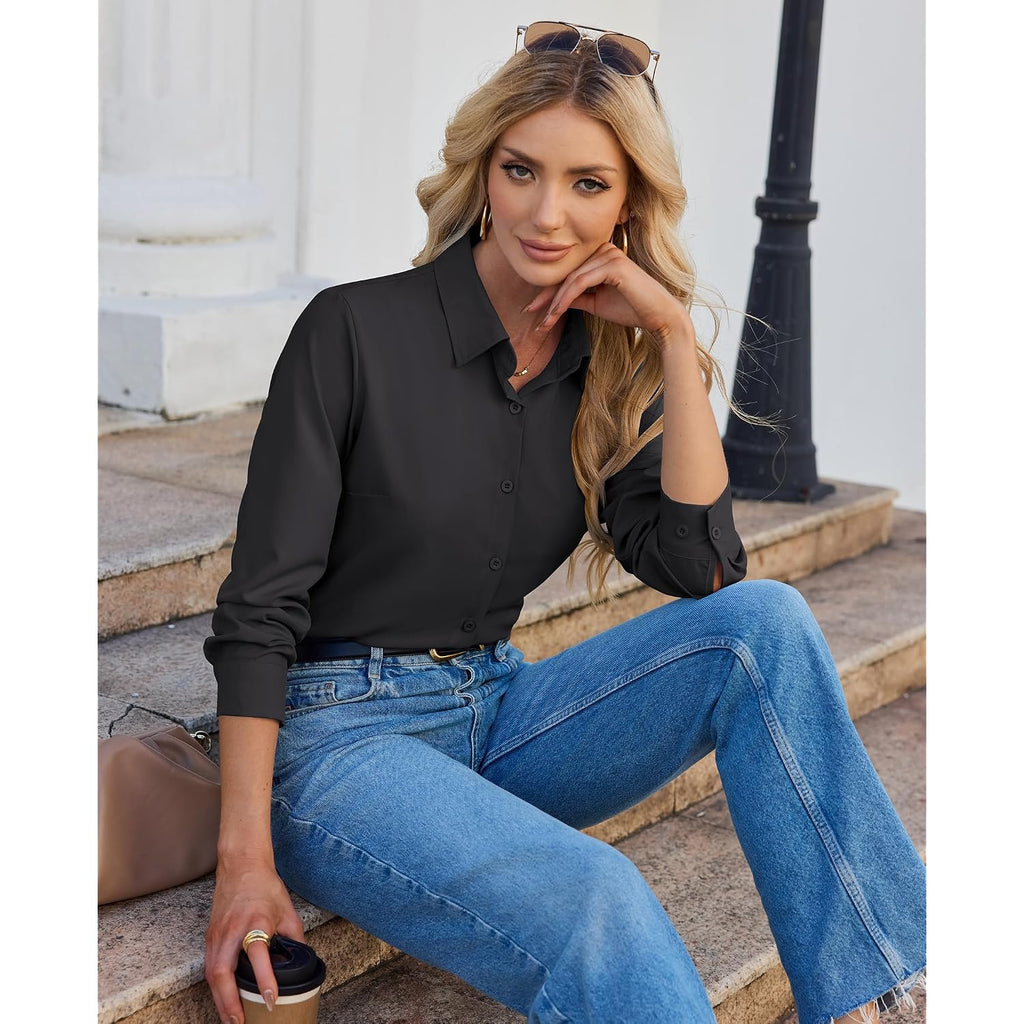 Siliteelon Button Down Shirts For Women Stain Shield Long Sleeve Dress Shirts Wrinkle-Free Collared Work Office Blouses