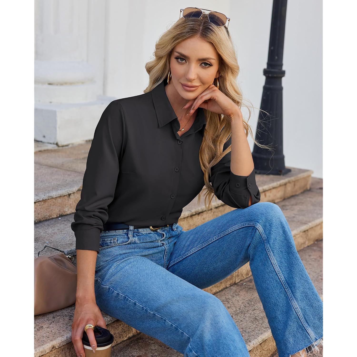 Siliteelon Button Down Shirts For Women Stain Shield Long Sleeve Dress Shirts Wrinkle-Free Collared Work Office Blouses