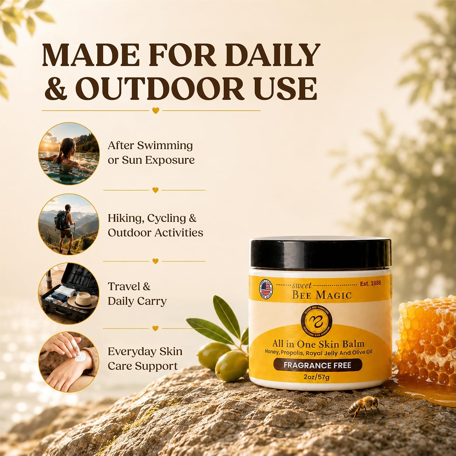 Sweet Bee Magic Organic Honey Bee Balm For Face, Skin & Body - All In One Honey Balm - Beeswax Body Moisturizer - All Natural Aid - 1 Jar (2Oz)