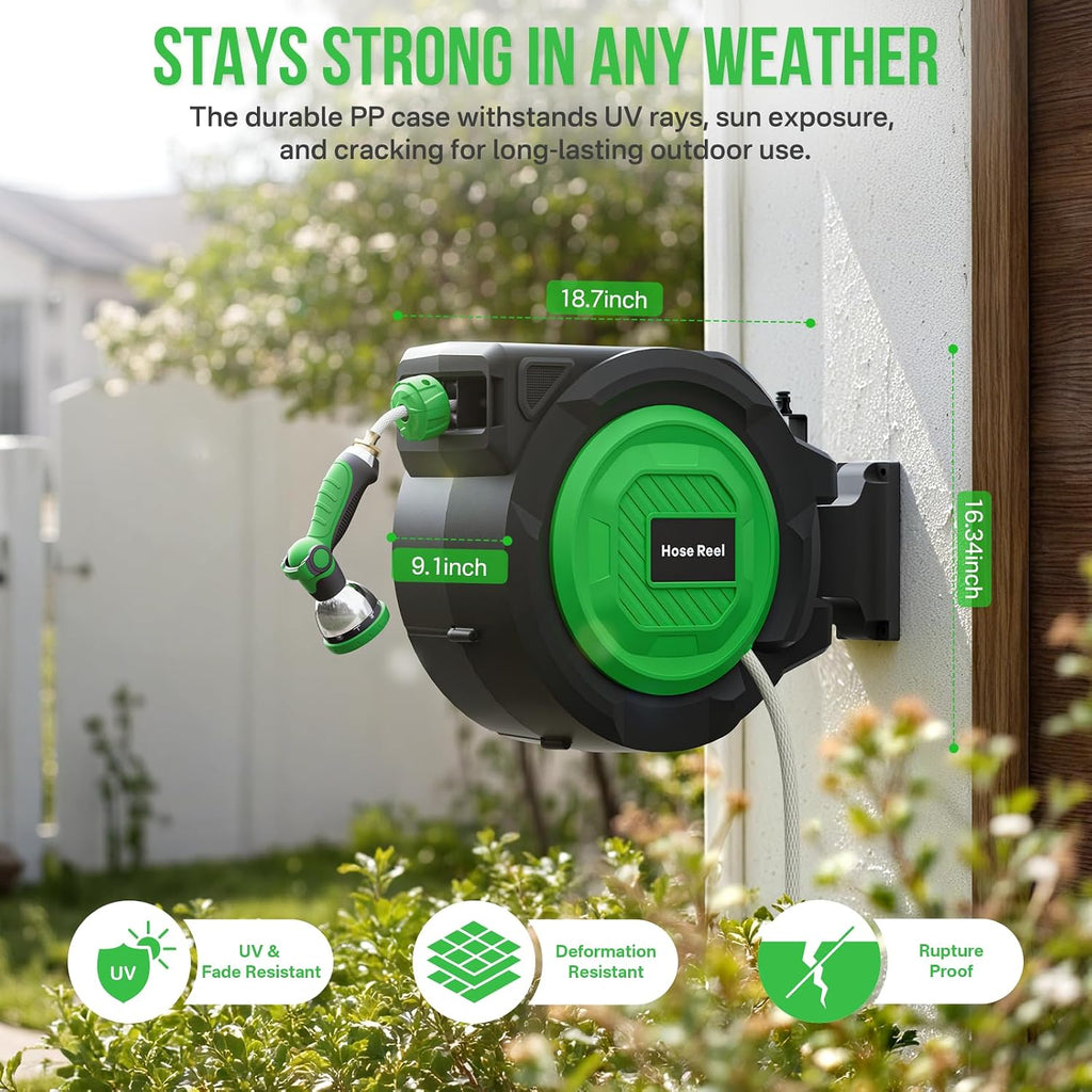 Retractable Garden Hose Reel, 1/2 In X 100 Ft Automatic Slow Rewind System & Any Length Lock, Heavy Duty Wall-Mounted Hose Reel With 180° Swivel Bracket,10-Pattern Nozzle For Outside Watering,Cleaning