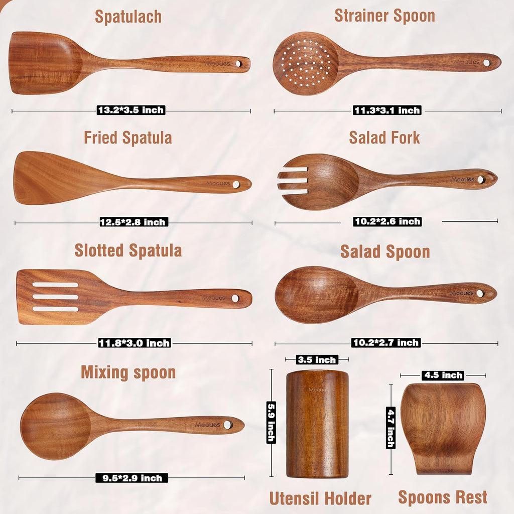Mooues 9 Piece Natural Teak Wooden Kitchen Utensil Set With Spoon Rest - Comfort Grip Cooking Spoons And Utensils Holder