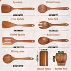Mooues 9 Piece Natural Teak Wooden Kitchen Utensil Set With Spoon Rest - Comfort Grip Cooking Spoons And Utensils Holder