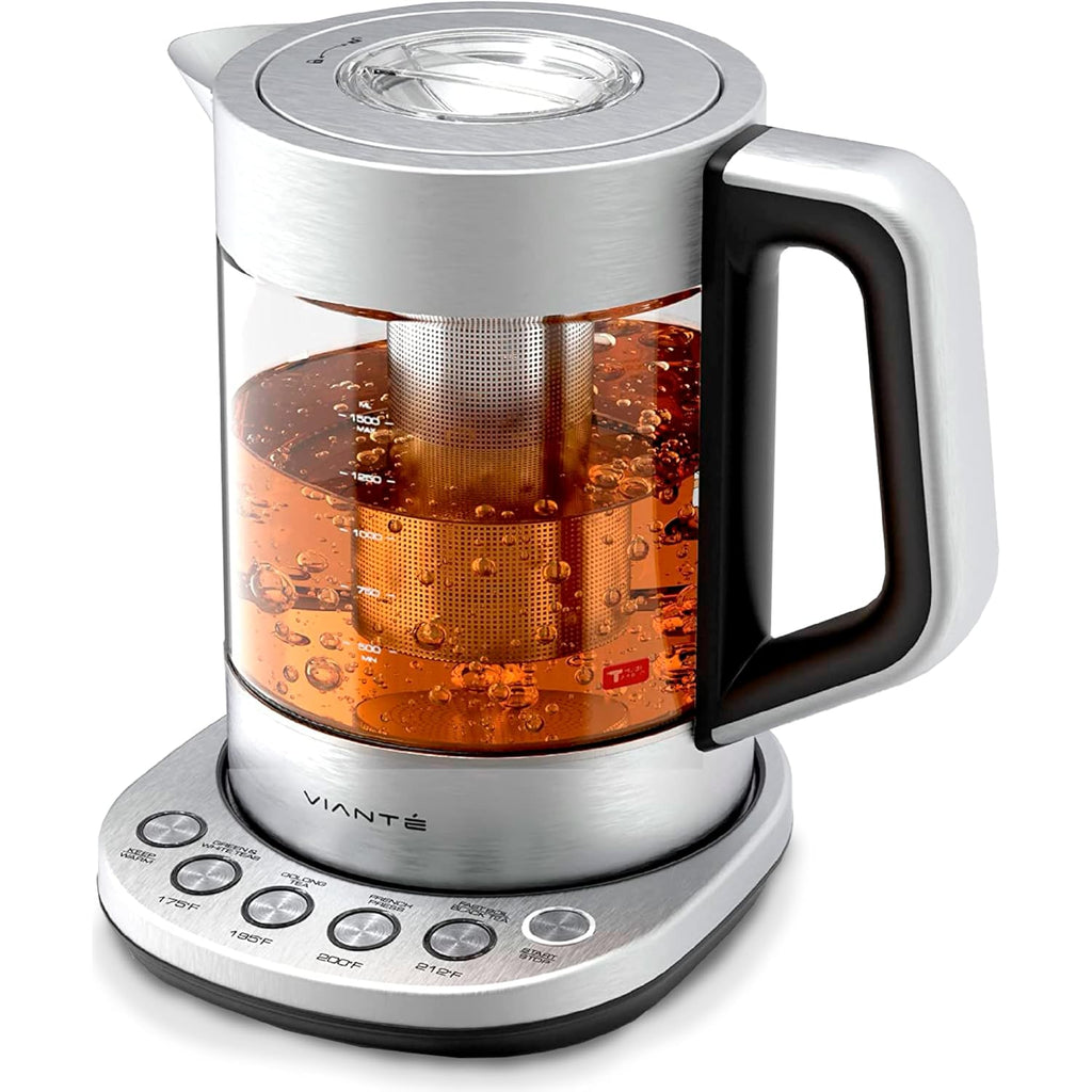Viante Alba Electric Tea Kettle With Infuser, No Plastic, 1.5L | Borosilicate Glass & 304 Stainless Steel Construction. 4 Temp Presets, Keep-Warm, Cordless, Auto Shut-Off