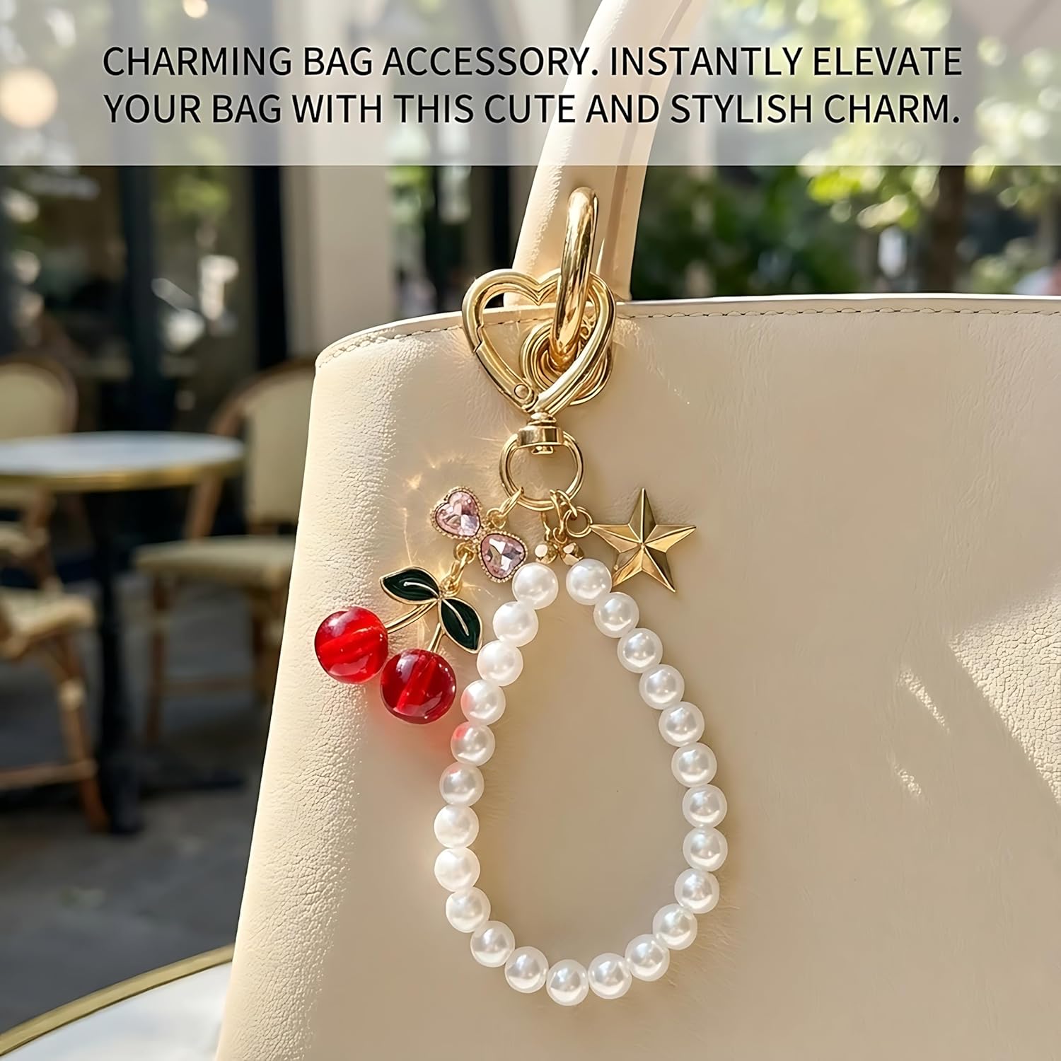 2Pcs Cherry Keychain & Pearl Bow Keychain, Sparkly Bowknot Purse Charm Flower Key Chain for Handbags Backpacks Keys