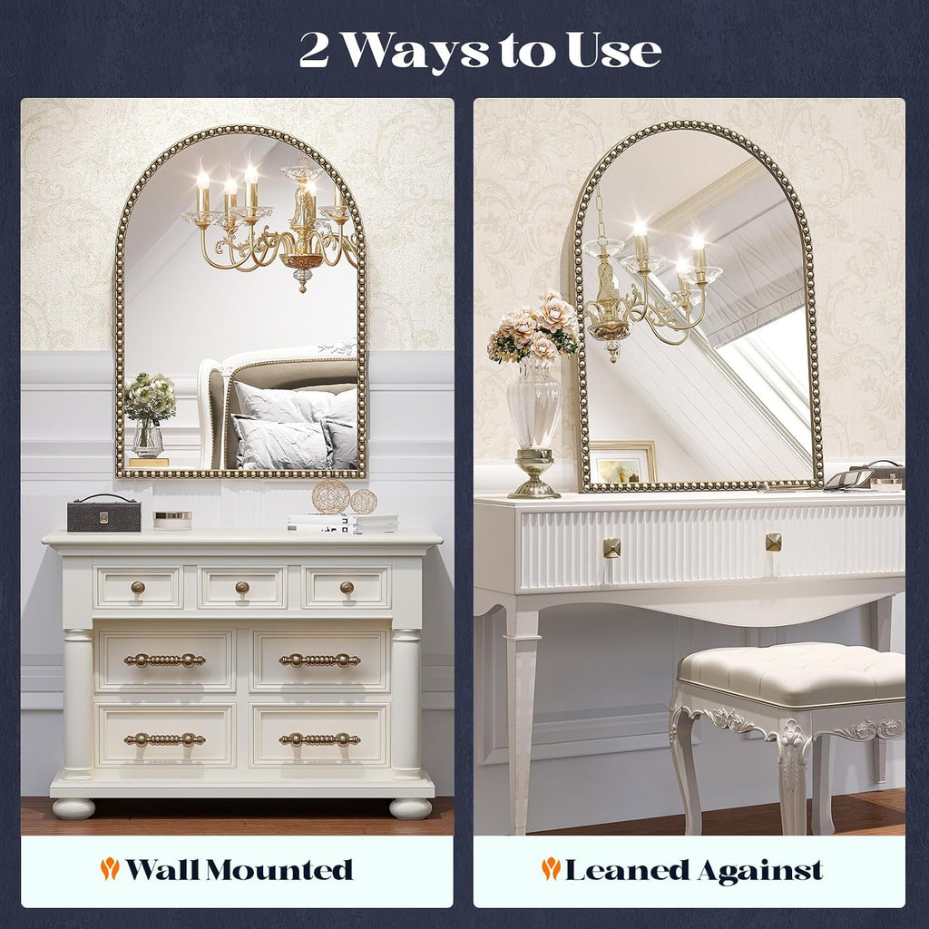 Beaded Mirror Gold Arched, 24"X36" Champagne Bronze Mirror For Bathroom, Antique Brass Beaded Mirrors With Metal Frame- Arch Vanity Wall Mirrors For Bedroom,Fireplace,Over Sink,Entryway