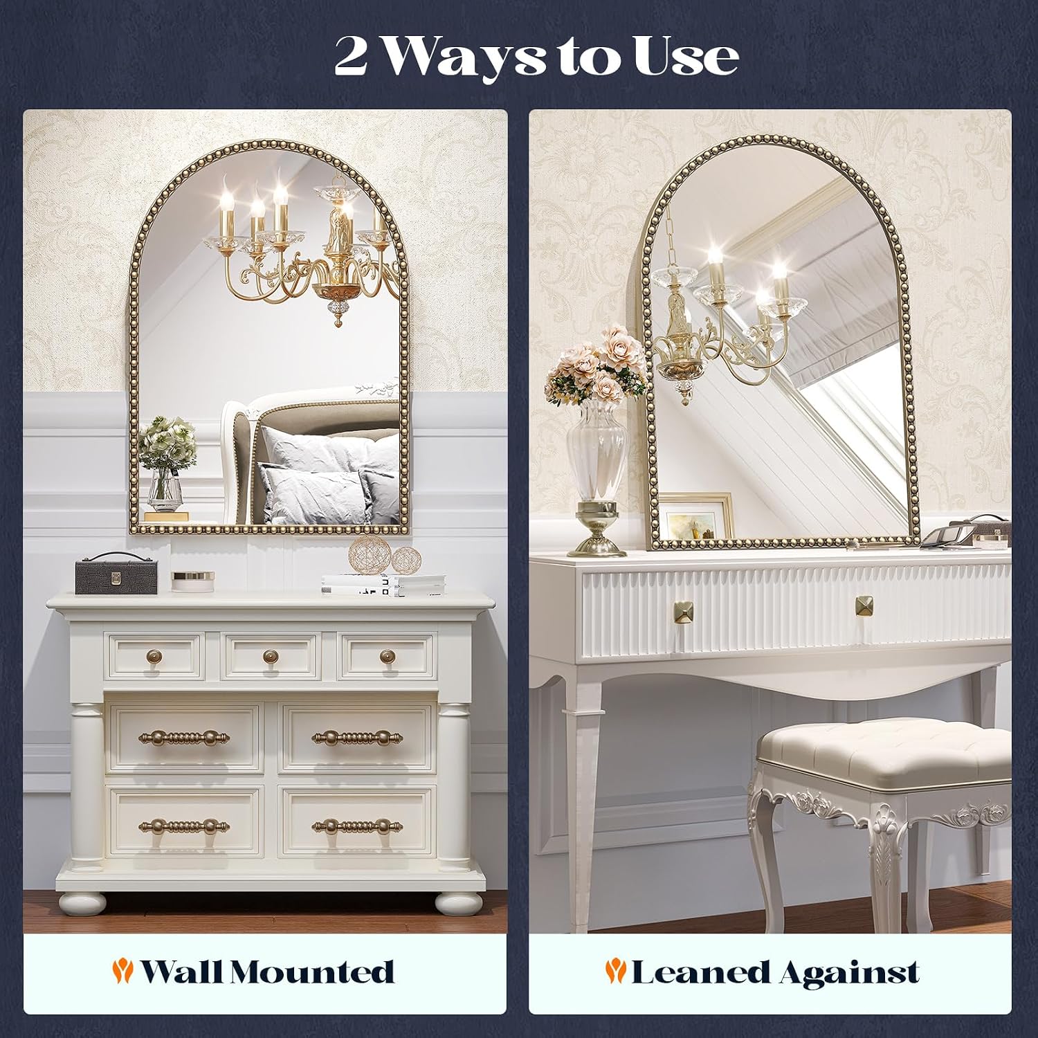 Beaded Mirror Gold Arched, 24"X36" Champagne Bronze Mirror For Bathroom, Antique Brass Beaded Mirrors With Metal Frame- Arch Vanity Wall Mirrors For Bedroom,Fireplace,Over Sink,Entryway