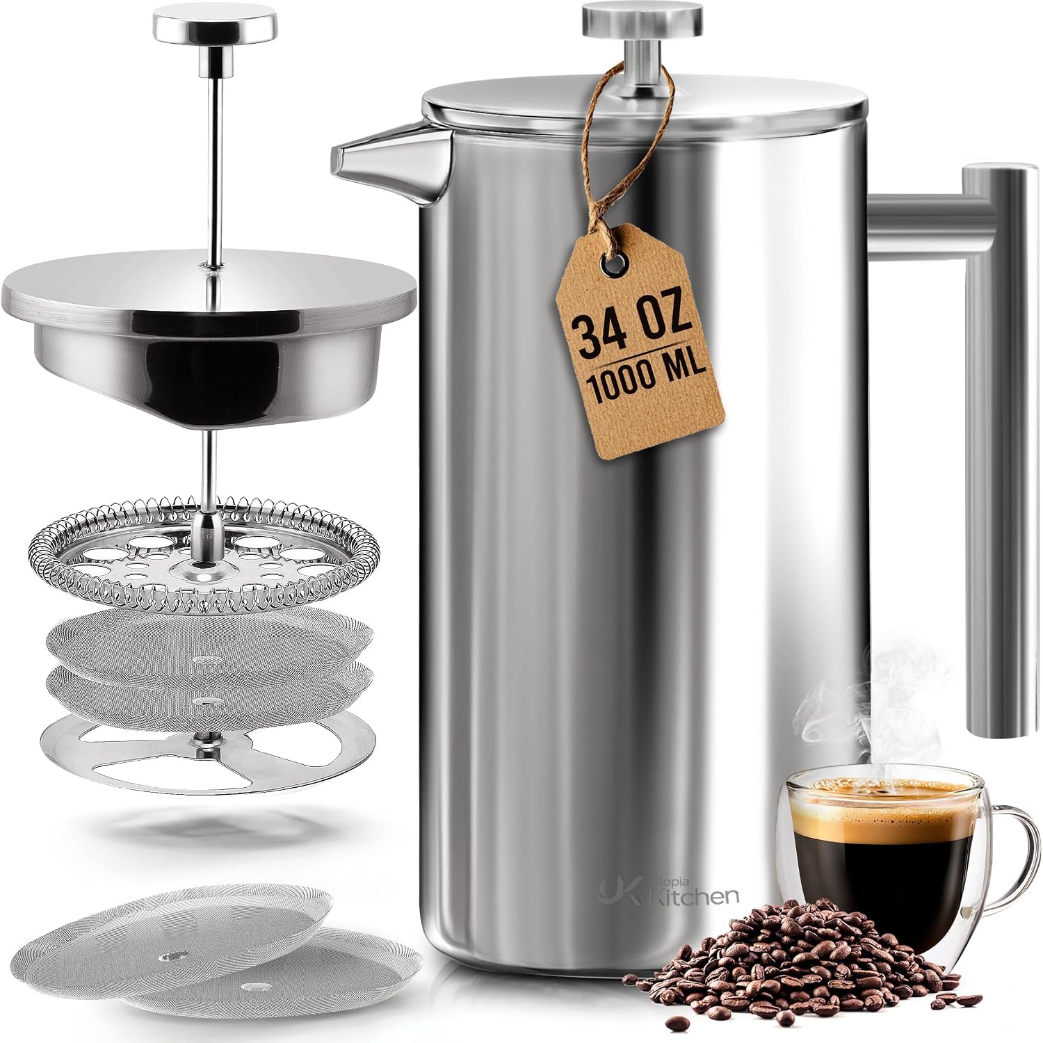 Utopia Kitchen 304 Grade Stainless Steel French Press Coffee Maker 34 Oz, Double Wall Insulated Coffee Press With 4-Level Filtration System, Include 2 Extra Filters, Rust-Free, Dishwasher Safe, Silver