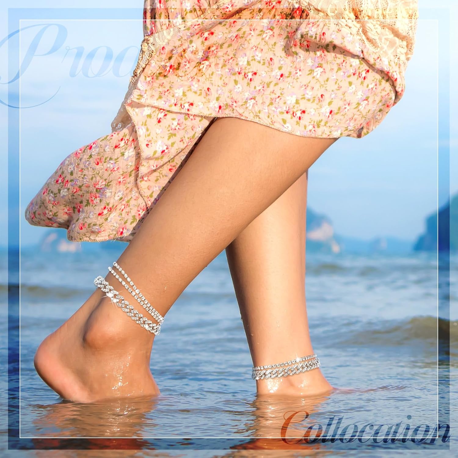 Sureio 3 Pcs Anklets Bracelet for Women Adjustable Diamond Tennis Cuban Style Link Anklets for Women Wedding Fashion Gifts