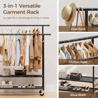 Hyseyy Clothes Rack,Double Rods Rolling Clothing Rack For Hanging Clothes,Portable Garment Rack With 2-Tier Storage Shelves,Free Standing Wardrobe Closet Coat Rack On Wheels For Bedroom,Laundry Room