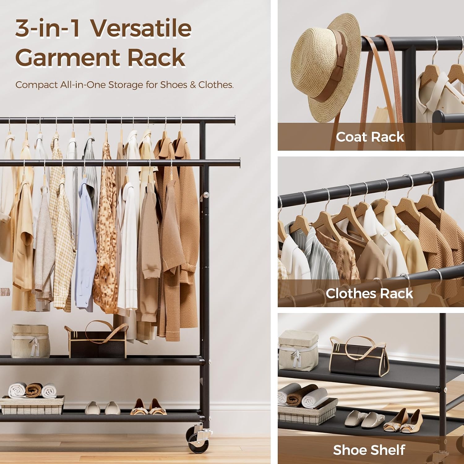 Hyseyy Clothes Rack,Double Rods Rolling Clothing Rack For Hanging Clothes,Portable Garment Rack With 2-Tier Storage Shelves,Free Standing Wardrobe Closet Coat Rack On Wheels For Bedroom,Laundry Room