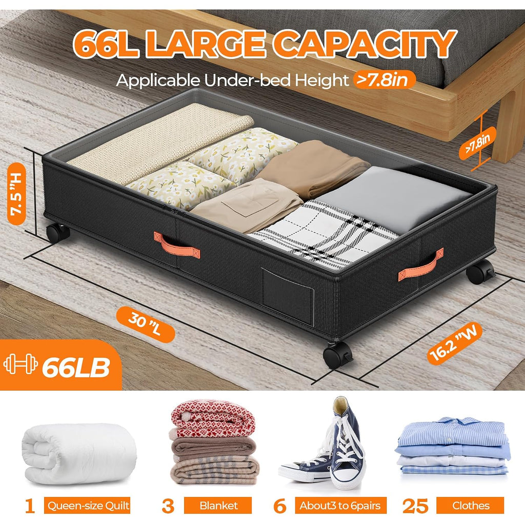 Under Bed Storage With Wheels,2-Pack Under Bed Storage Containers With Clear Lids,Xxl Large Under The Bed Storage Organizer Bins With Handles,Space Saving Design For Clothes,Shoes,Books-Black