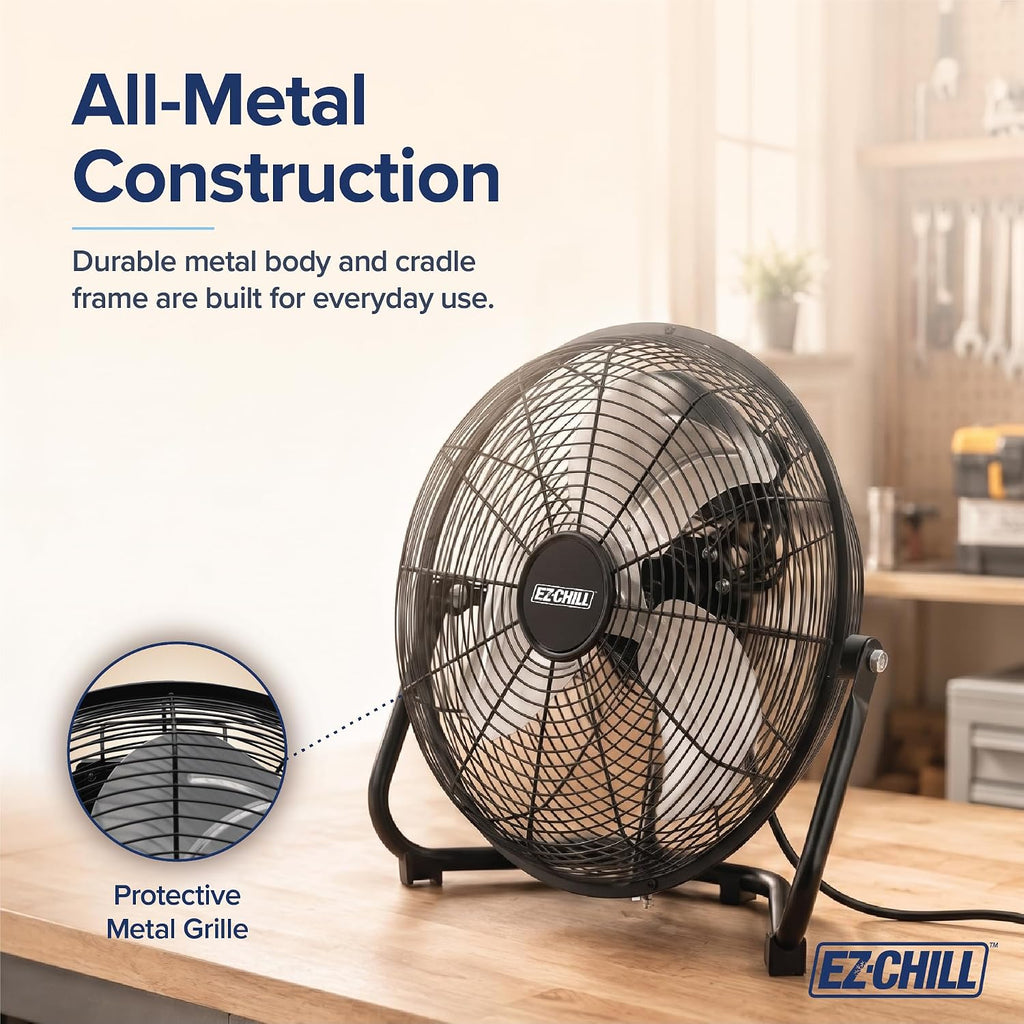 Ez-Chill 12” Cradle Floor Fan, 3 Speed, High Velocity, 180 Degree Adjustable Tilt, All-Metal, Carry Handle, Rubber Feet, Airflow 15.42 Ft/Sec, Ideal For Home, Bedroom & Office, Black
