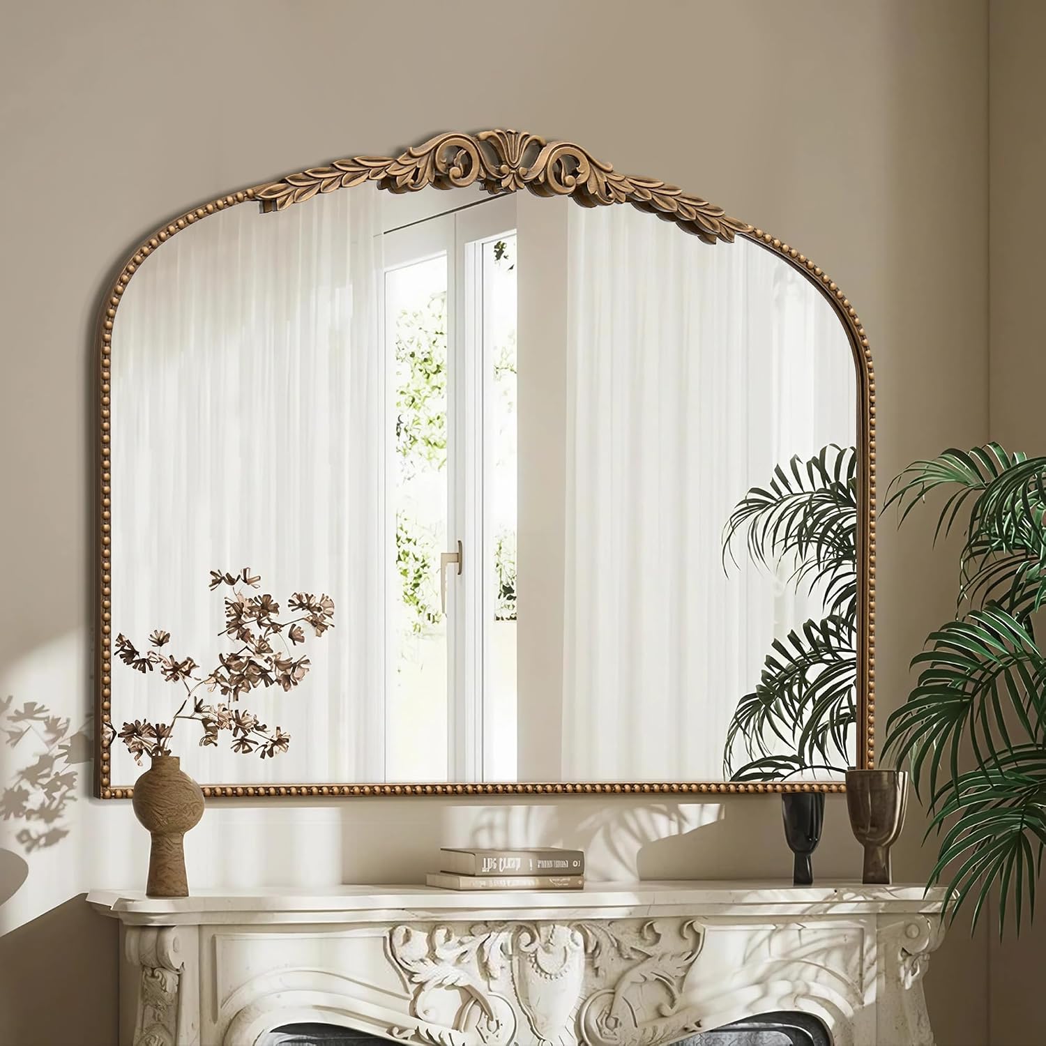 Gold Large Arched Mirror: 40"X29" French Vintage Dresser Mirror | Traditional Ornate Antique For Bedroom/Fireplace/Entryway/Living Room - Ideal For Home Interior Upgrade
