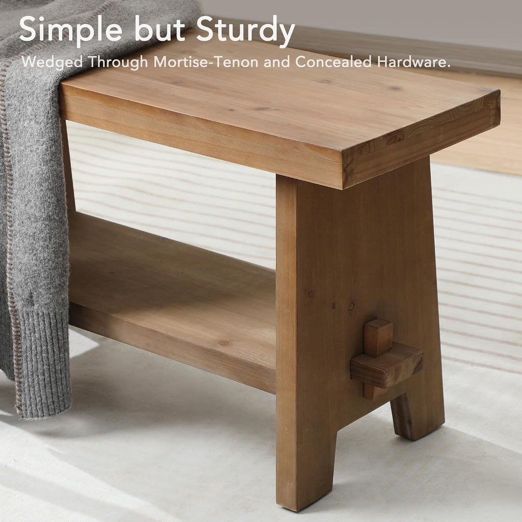 Solid Wood Entryway Bench - 31.5" Farmhouse Small Storage Bench, Rustic Narrow Bench Seat For Indoor, Entryway, Dining Room, Living Room And Hallway, Brown