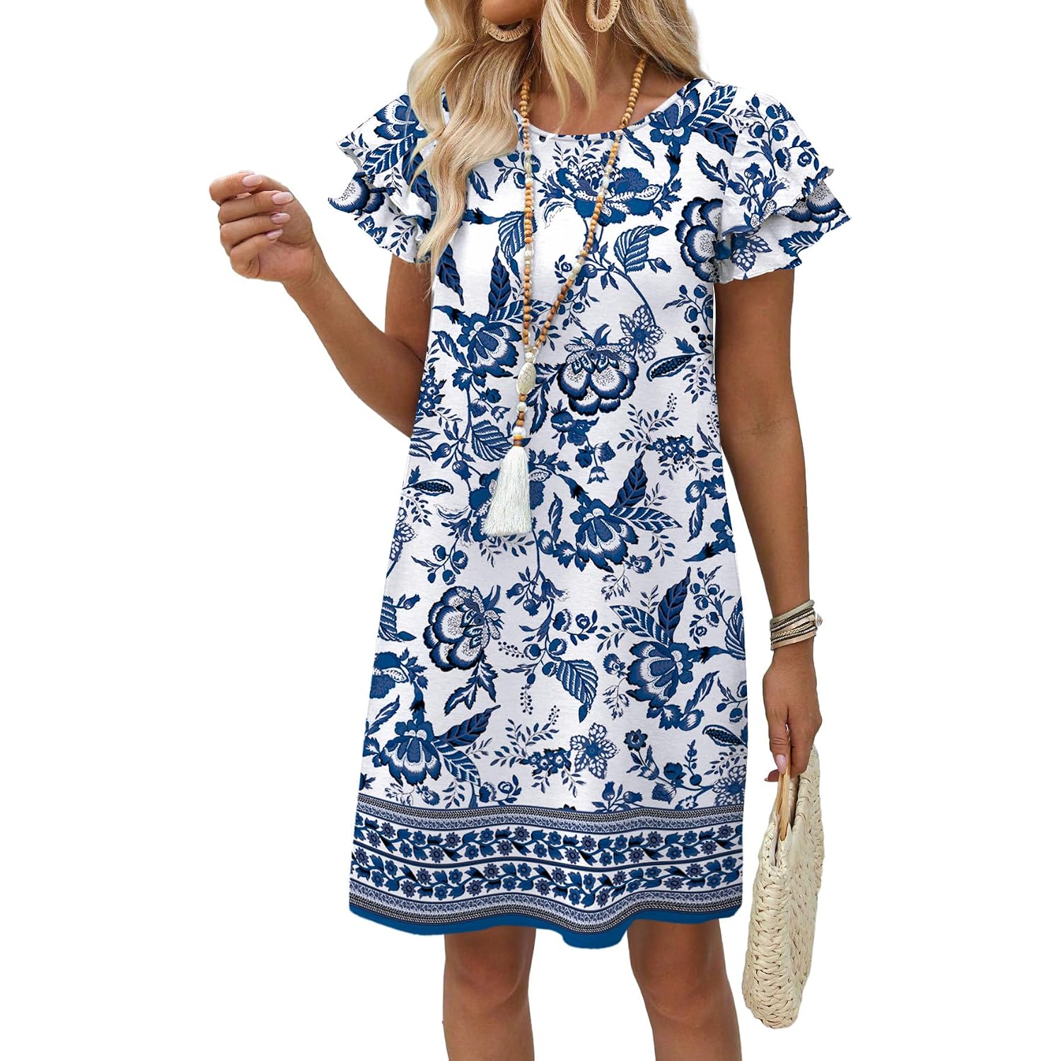 Ofeefan Womens Summer Dresses 2026 Ruffle Sleeve Round Neck Loose Swing Sundresses With Pockets Plain/Print