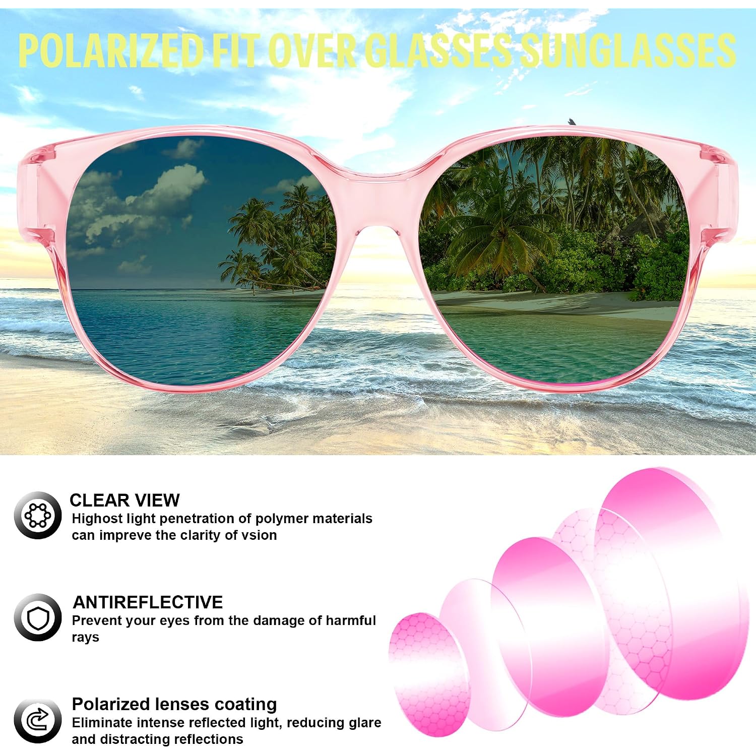 FEISEDY Fit Over Glasses Polarized Sunglasses, UV400 Protection for Driving & Outdoor Activities B0328 Transparent Pink Frame & Pink Mirror Lens