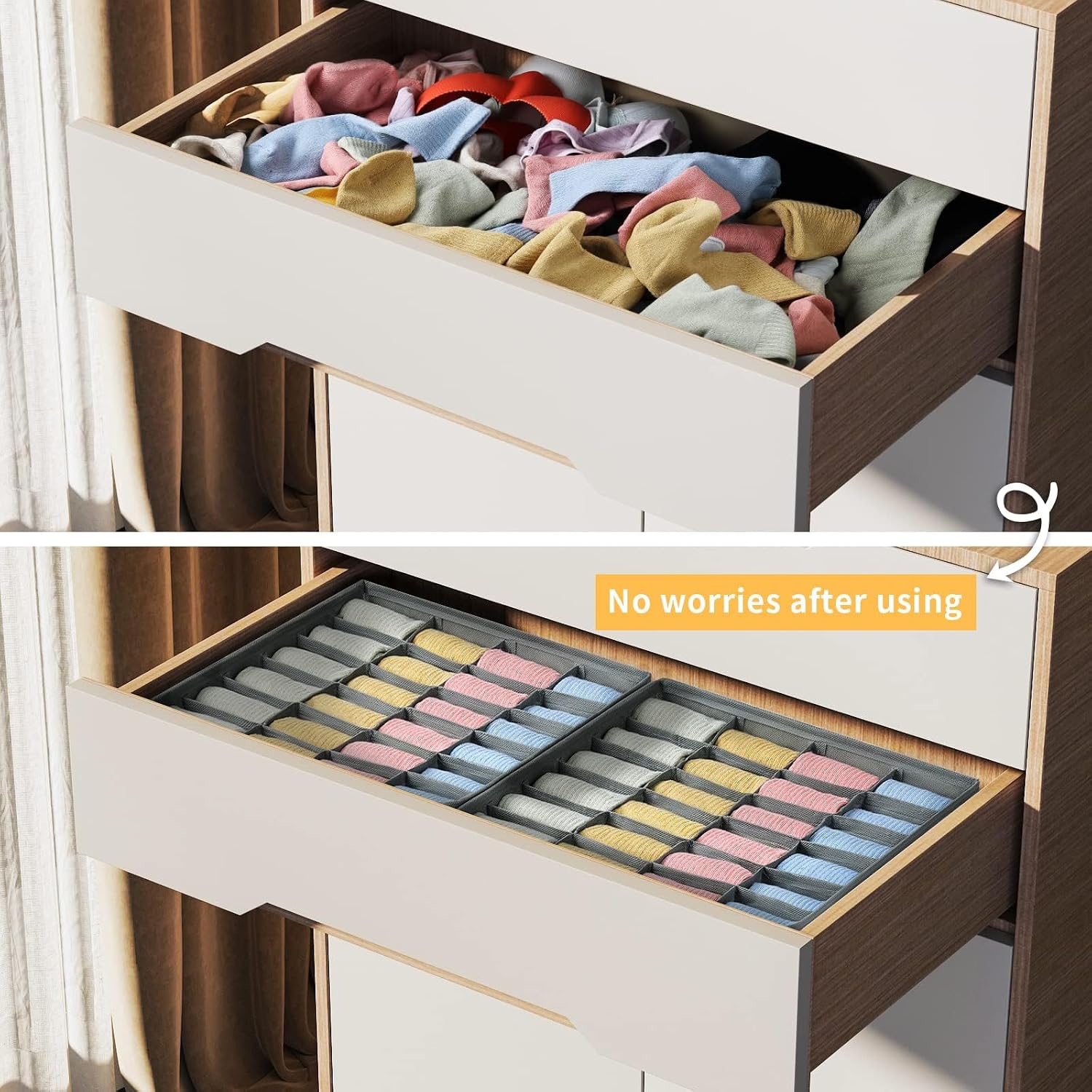 Joyoldelf Sock Drawer Organizer Divider 2 Packs Underwear Organizer, 24 Cell Closet Organizers And Storage Organizer Sock Holders Organizers For Storing Socks, Handkerchiefs, Ties, Belts (Grey)
