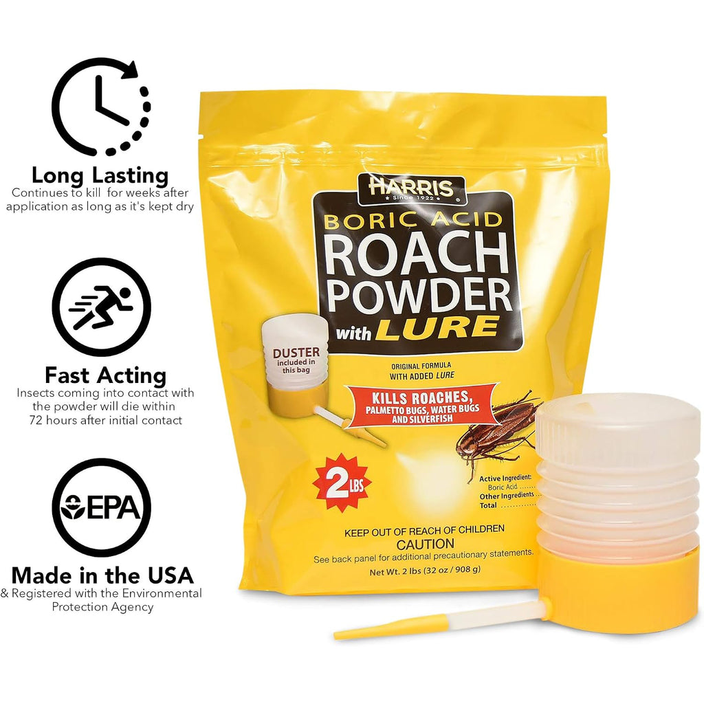 Harris Boric Acid Roach And Silverfish Killer Powder W/Lure, Powder Duster Included In The Bag (32Oz)