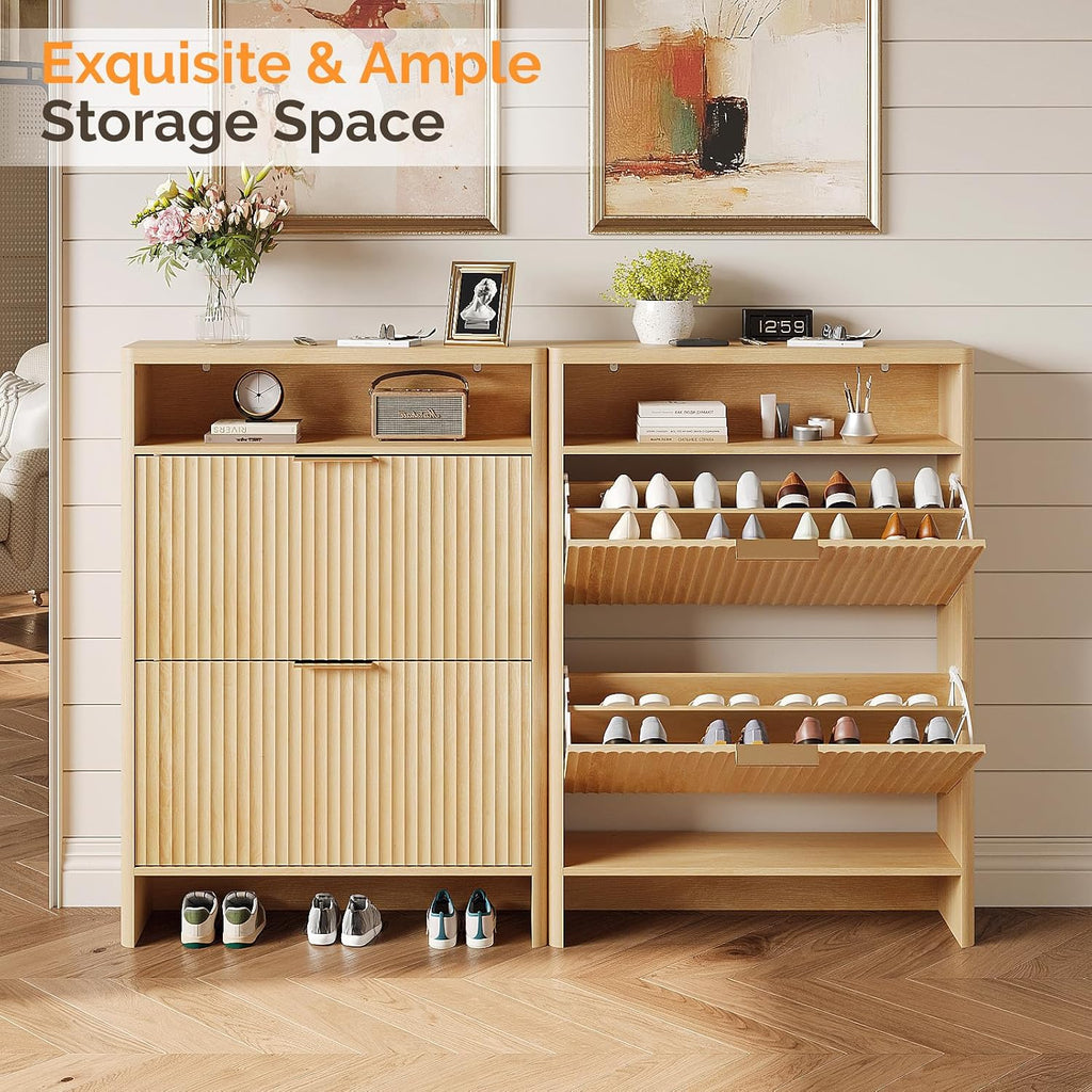 Vingli Slim Shoe Cabinet With Curved Edges, Modern Hidden Shoe Storage Organizer With 2 Flip Drawers & Open Shelf, Narrow Wood Shoe Cupboard With Fluted Panel & Anti-Tip Kit For Entryway, Oak
