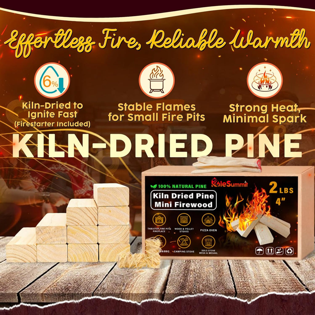 Mini Firewood 4" Kiln Dried Fire Pit Wood For Solo Stove Accessories, Camp Stoves, Tabletop Pits, Bbq Grills & Pizza Ovens 2 Lb Box With Fire Starters & Handling Gloves