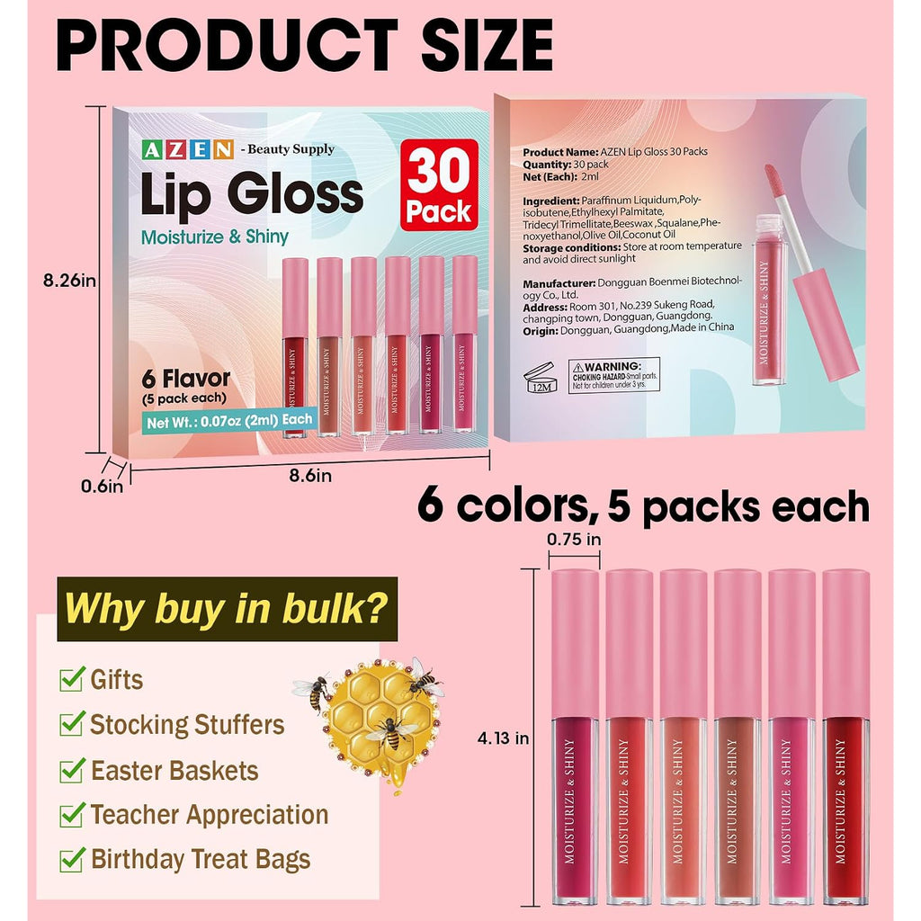 Azen 30 Pack Lip Gloss Bulk Set, Shimmery Lip Gloss For Women And Girls With Rich Varied Colors, Mothers Day Gifts For Women