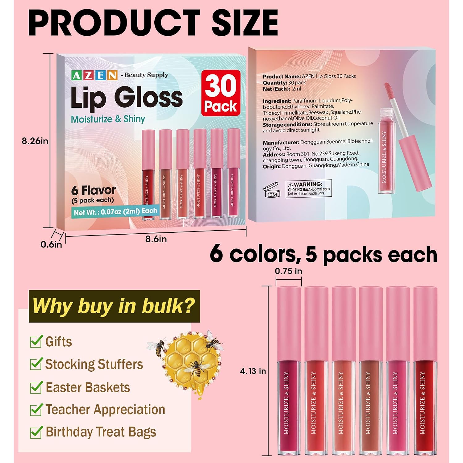 Azen 30 Pack Lip Gloss Bulk Set, Shimmery Lip Gloss For Women And Girls With Rich Varied Colors, Mothers Day Gifts For Women