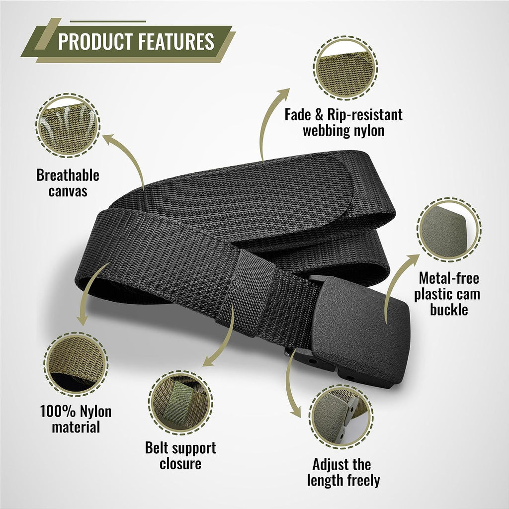 Shavit Mens Nylon Belt With Plastic Buckle, Work Web Belt For Men, Casual Adjustable Military Canvas Belts, Tsa Approved - Nickel Free - Non Metal Airport Friendly, Tsa Plastic Belts For Men Black