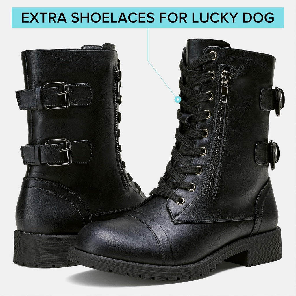Women'S Combat Boots Low Heel, Mid Calf Military Boots With Card Knife Wallet Pocket